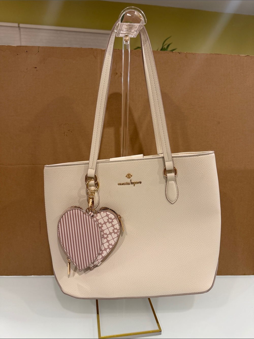 Carolina Herrera Cream Tote with Pink Heart Charm